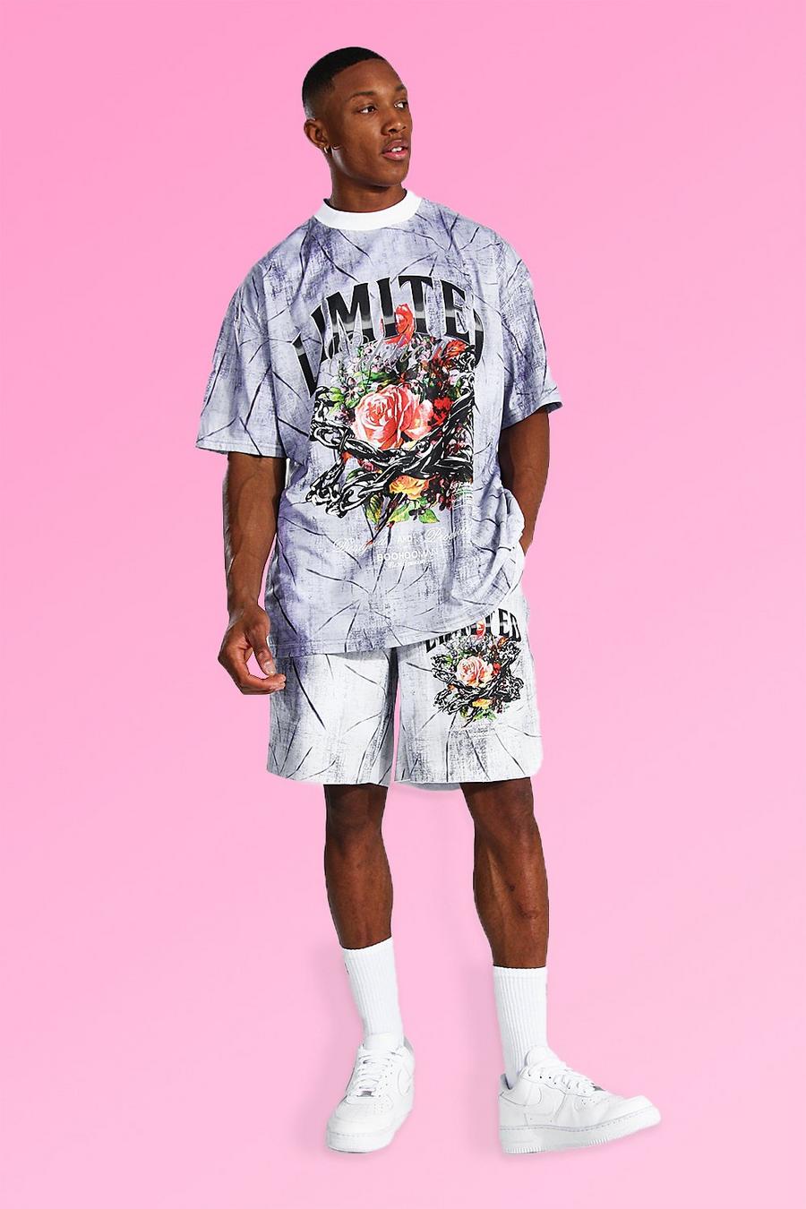 Set t-shirt oversize effetto tie-dye floreale e pantaloncino, Grigio image number 1