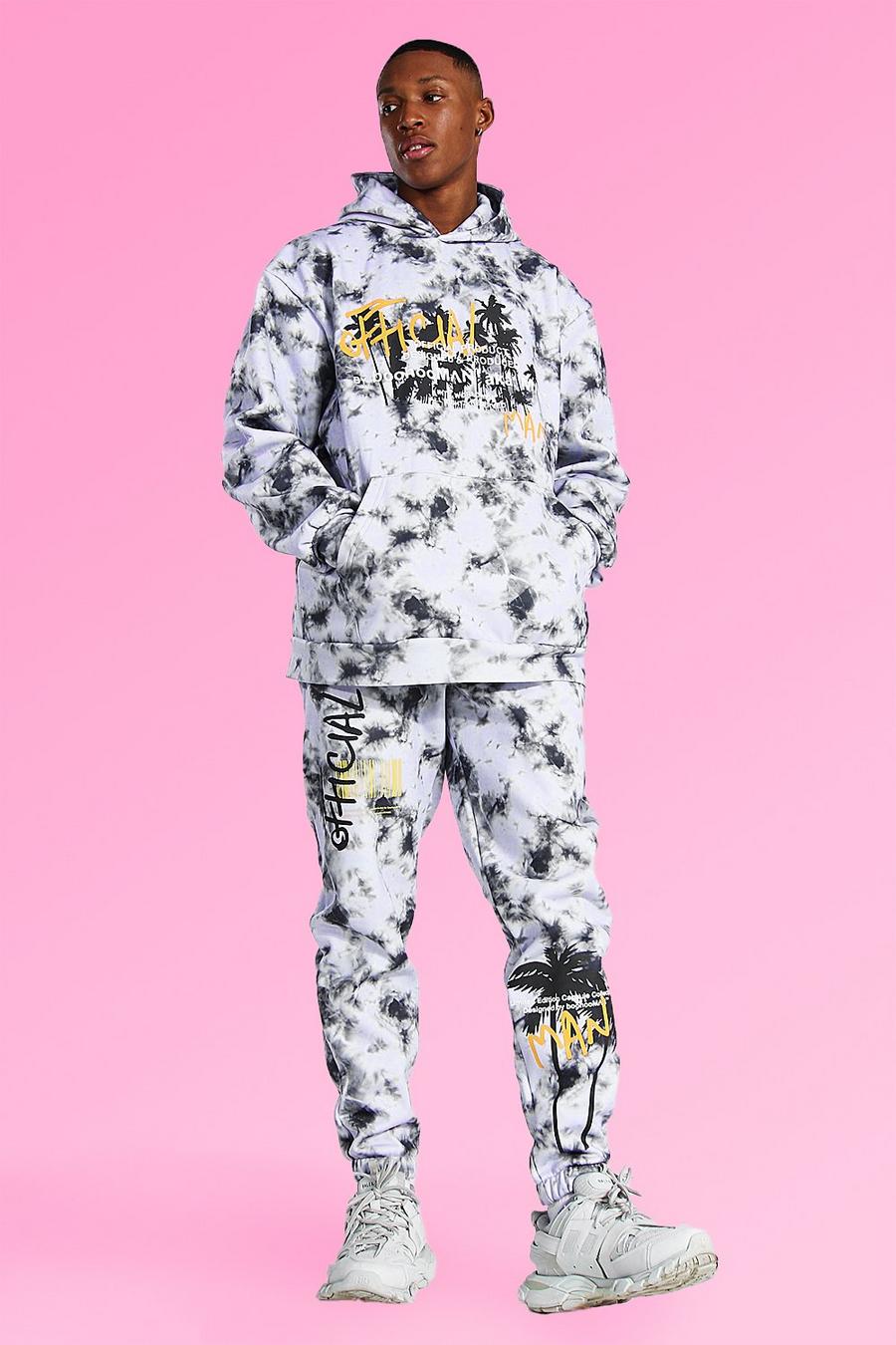 Grey Oversized Palm Tree Tie Dye Hooded Tracksuit image number 1