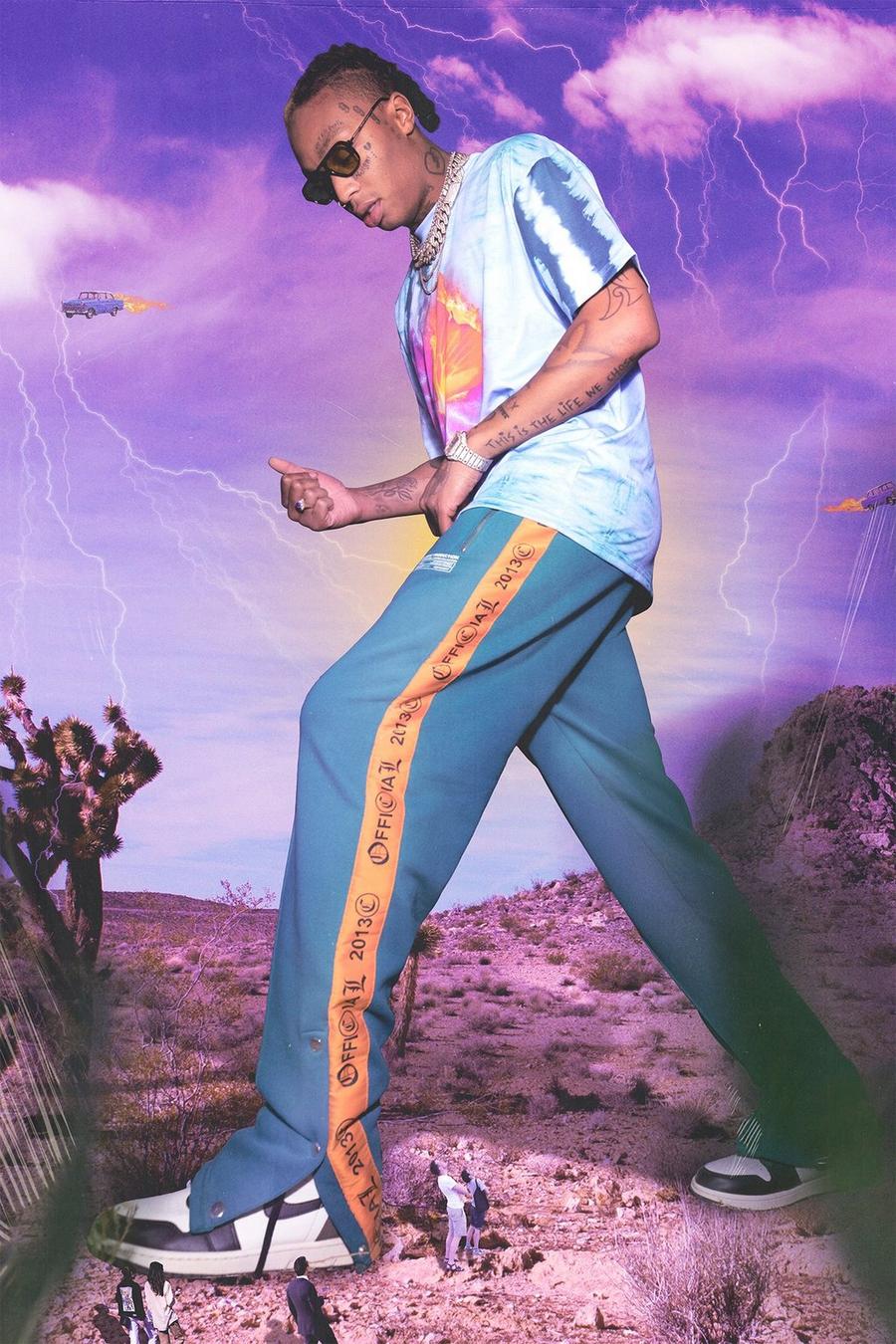 Camiseta y pantalones de correr anchos desteñidos con corchetes, Azul image number 1