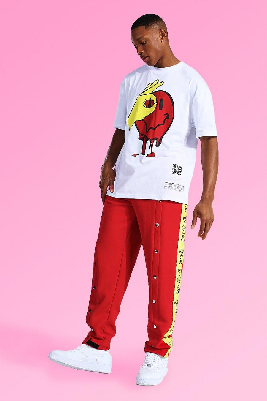 T-Shirt und Jogginghose mit Druckknöpfen in Drip-Face-Optik und Übergröße, Weiß image number 1