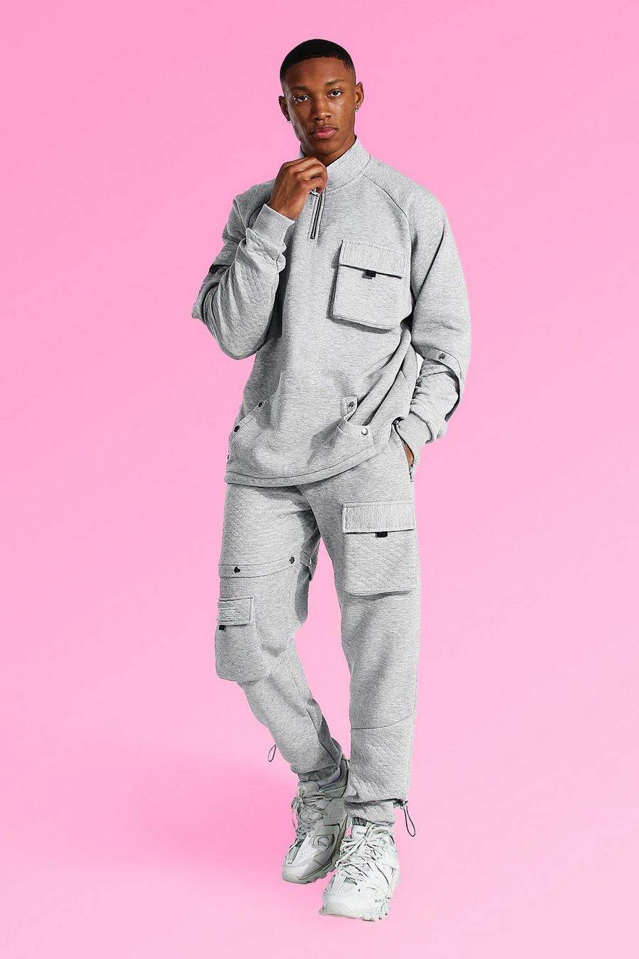Grey marl Oversized Quilted Cargo Funnel Neck Tracksuit image number 1