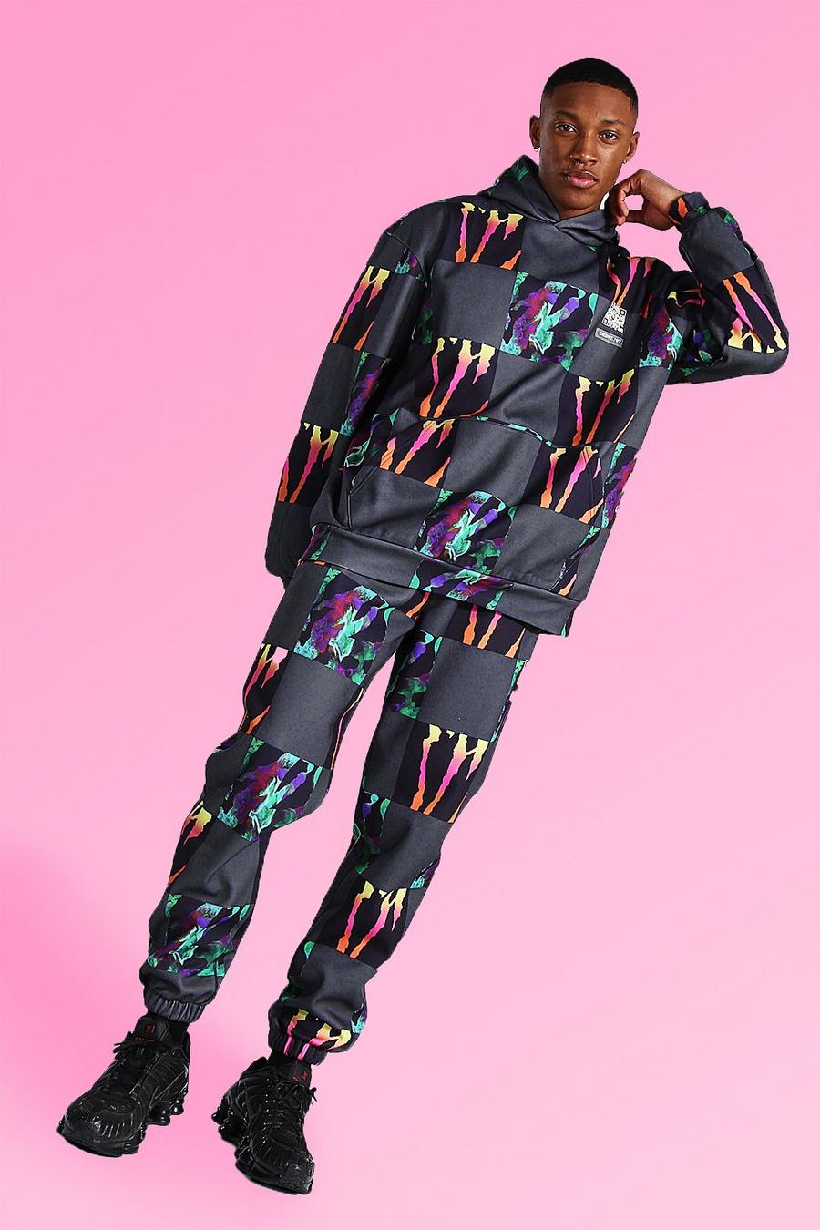 Chándal con sudadera de capucha ancho desteñido de estilo patchwork, Multicolor image number 1