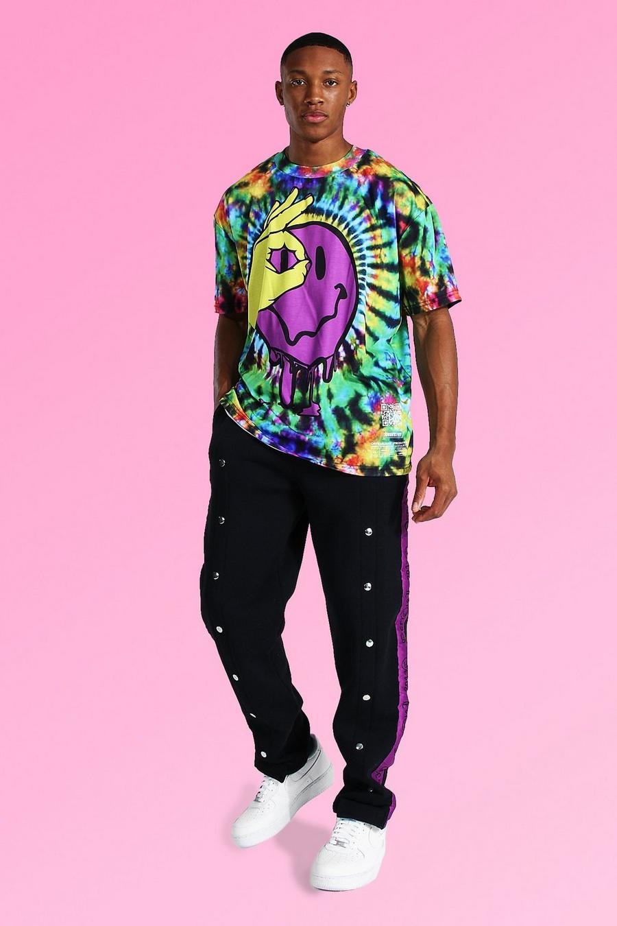 T-Shirt und Jogginghose mit Druckknöpfen in Batik-Optik und Übergröße, Mehrfarbig image number 1