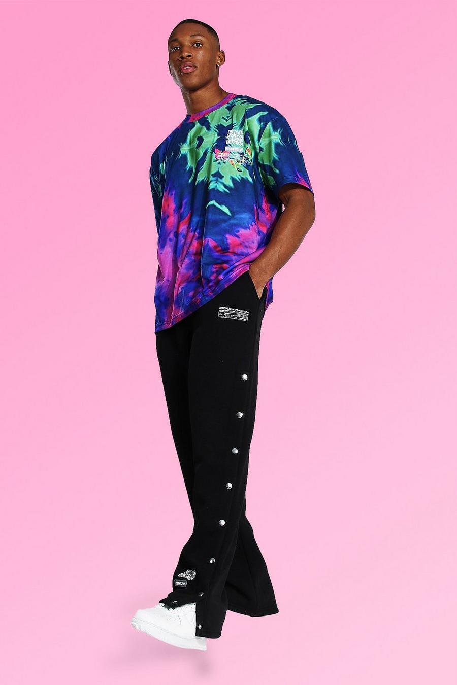 Camiseta y pantalones de correr anchos desteñidos con corchetes, Multicolor image number 1