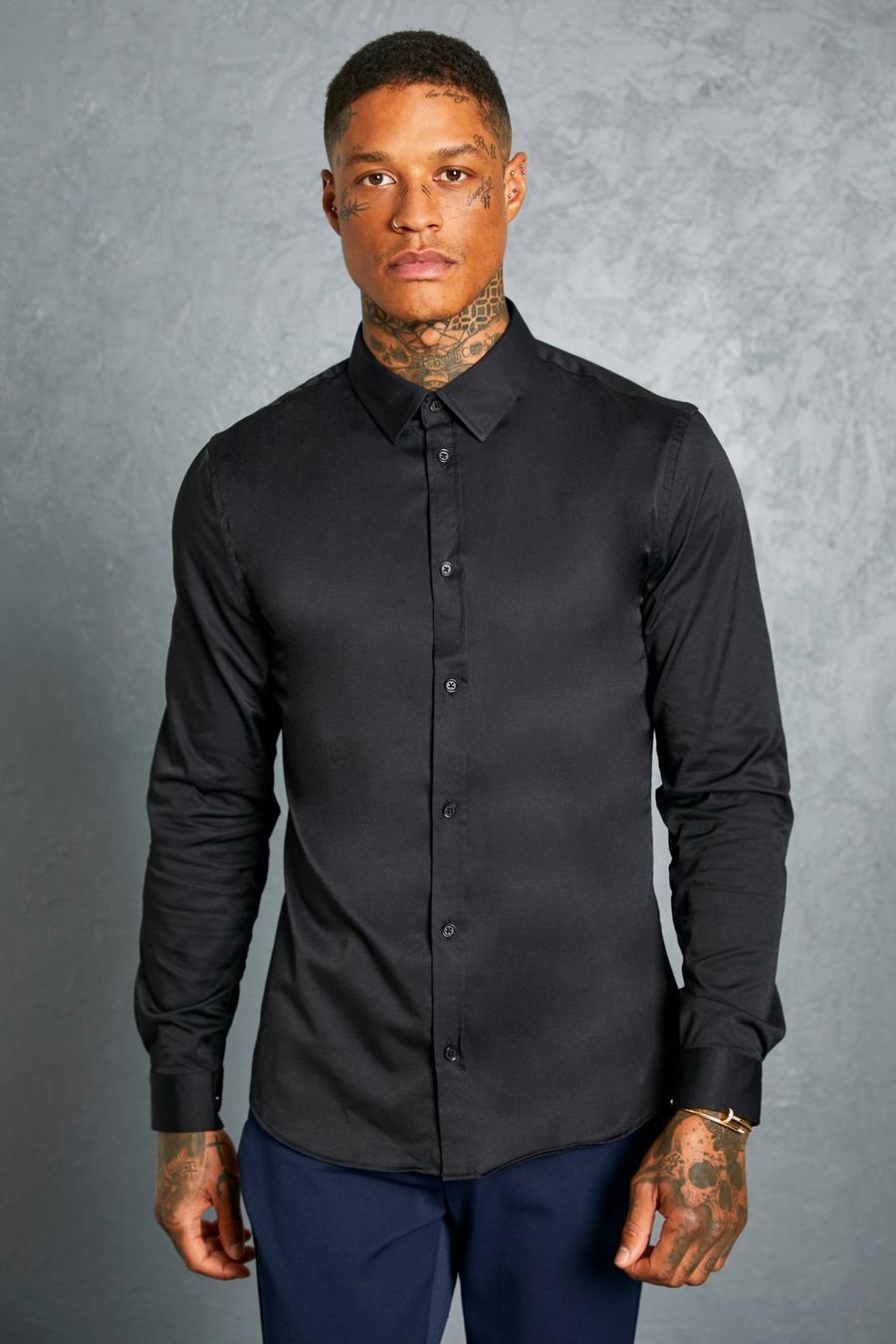 Black svart Långärmad skjorta i slim fit