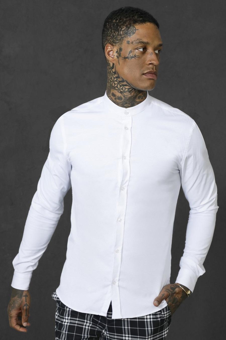 Langärmeliges, körperbetontes Hemd mit Granddad-Kragen, Weiß