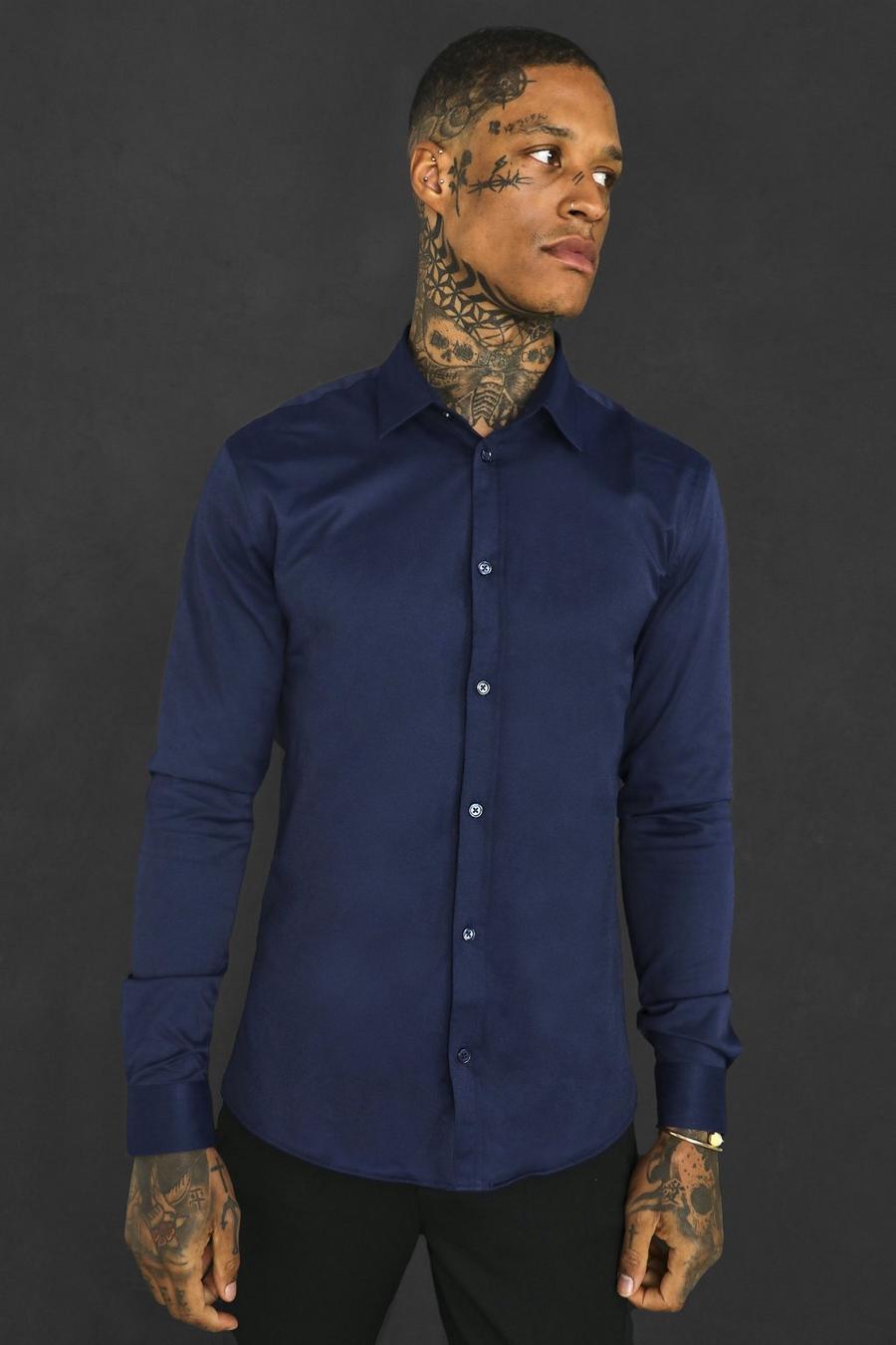 נייבי azul marino חולצת שרוול ארוך לגזרה שרירית