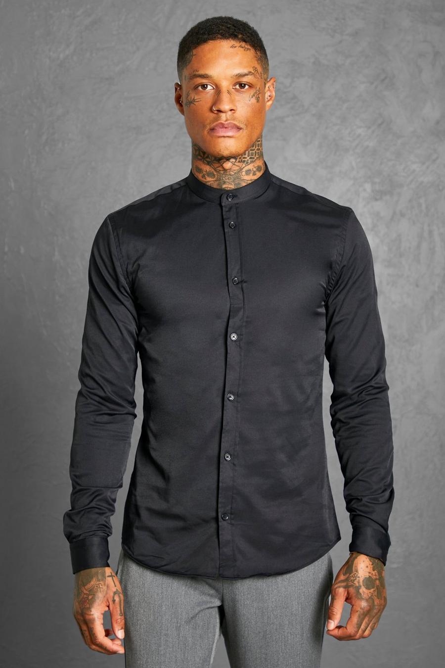 Camisa de manga larga con cuello grandad ajustada al músculo, Negro image number 1