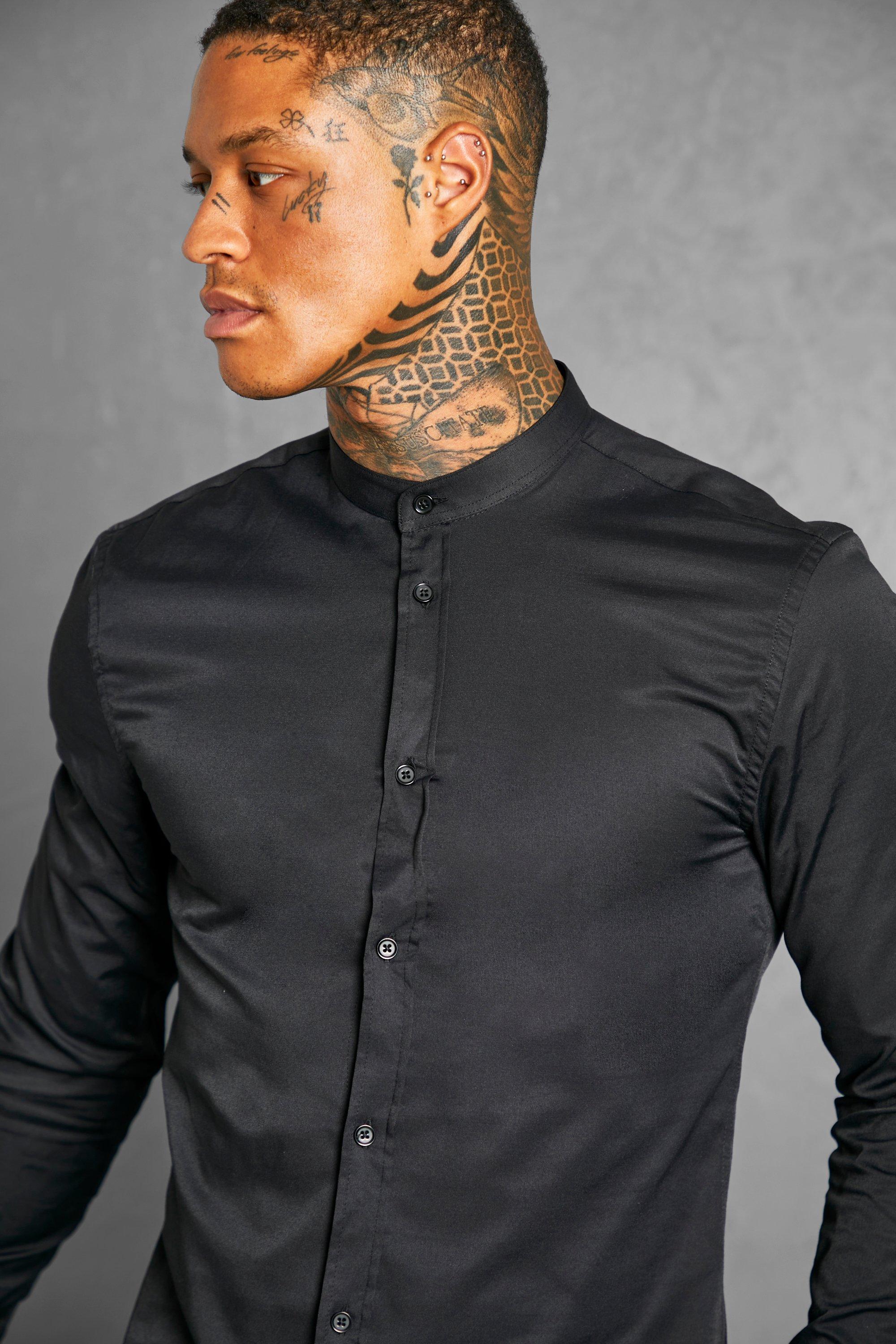 Muscle Fit Grandad Collar Long Sleeve Shirt