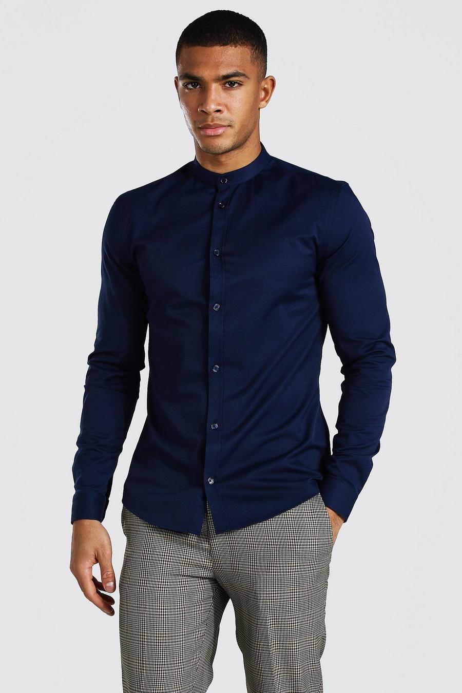 Camicia attillata a maniche lunghe con colletto serafino, Blu oltremare image number 1