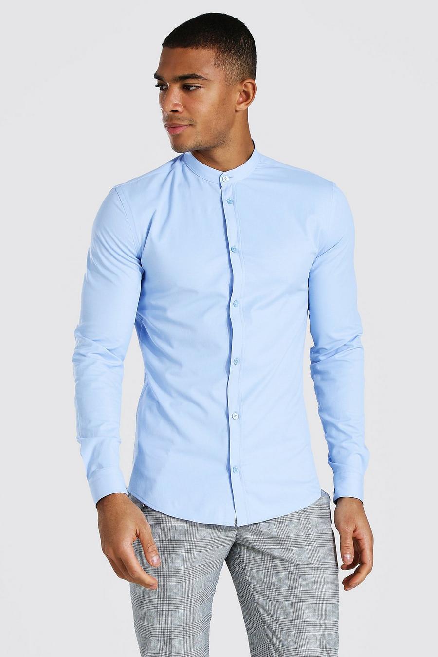 Pale blue Muscle Fit Grandad Collar Long Sleeve Shirt image number 1