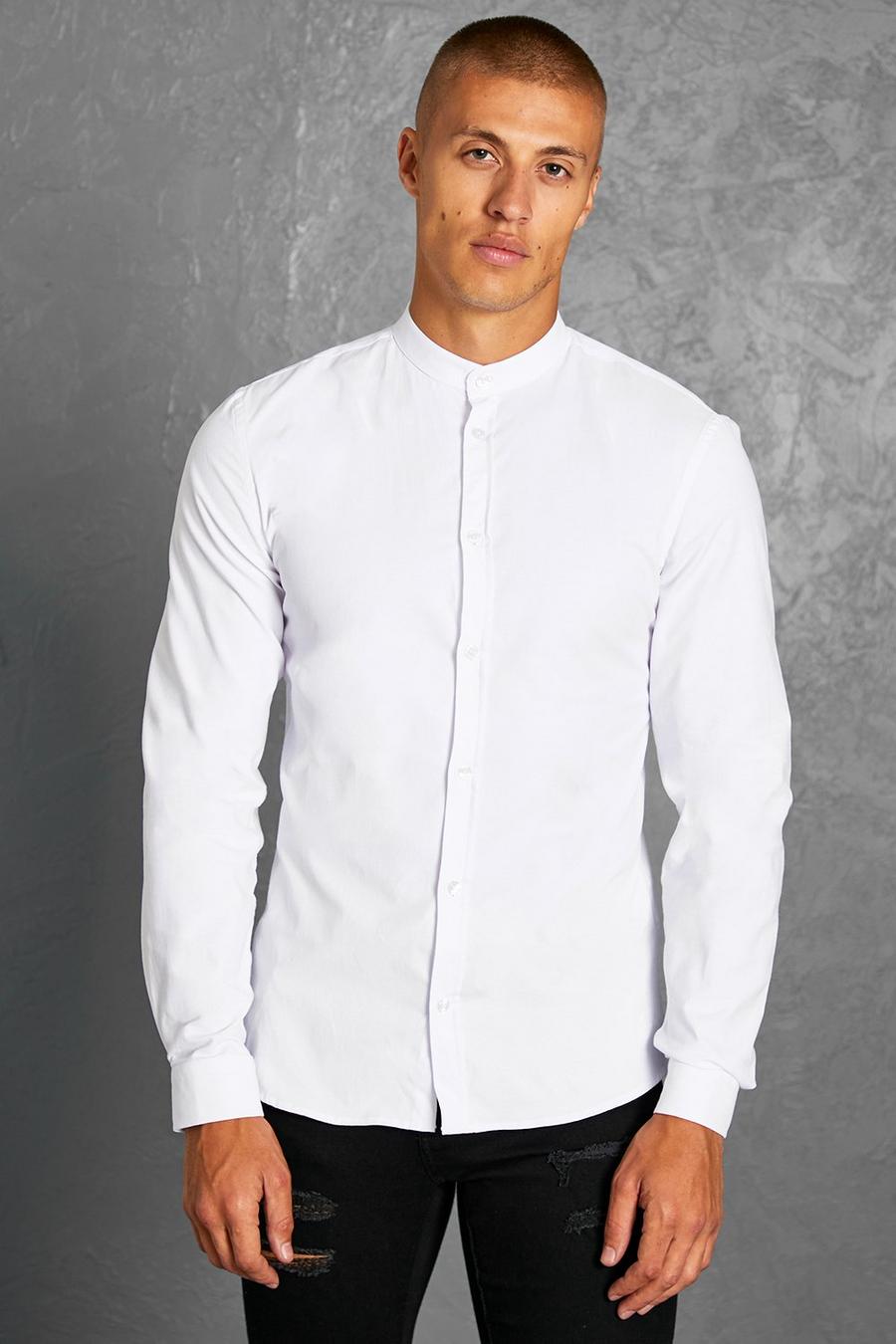 Langärmliges Slim Fit Shirt mit Granddad-Kragen, Weiß blanc