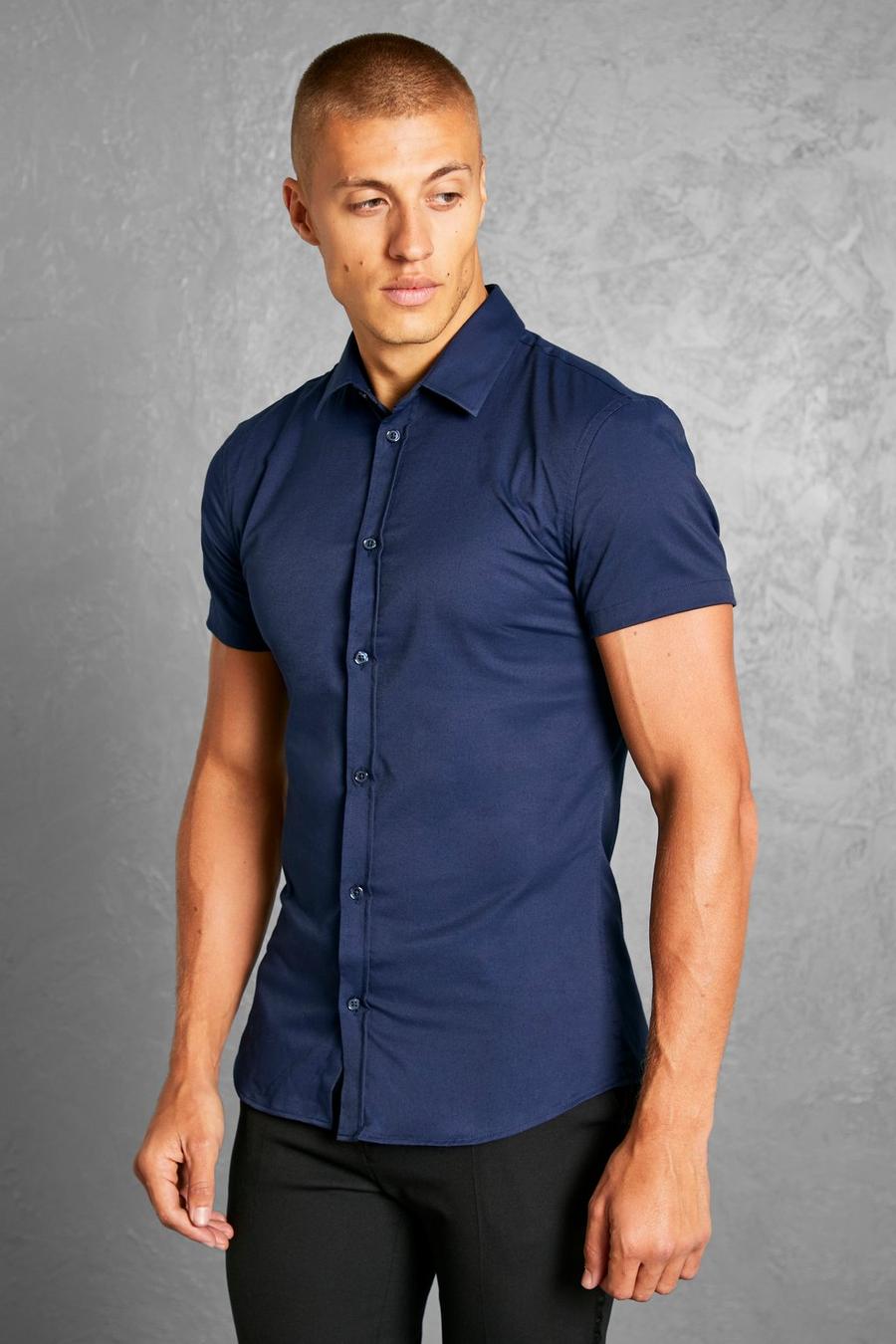 Navy marinblå Muscle Fit Short Sleeve Shirt image number 1