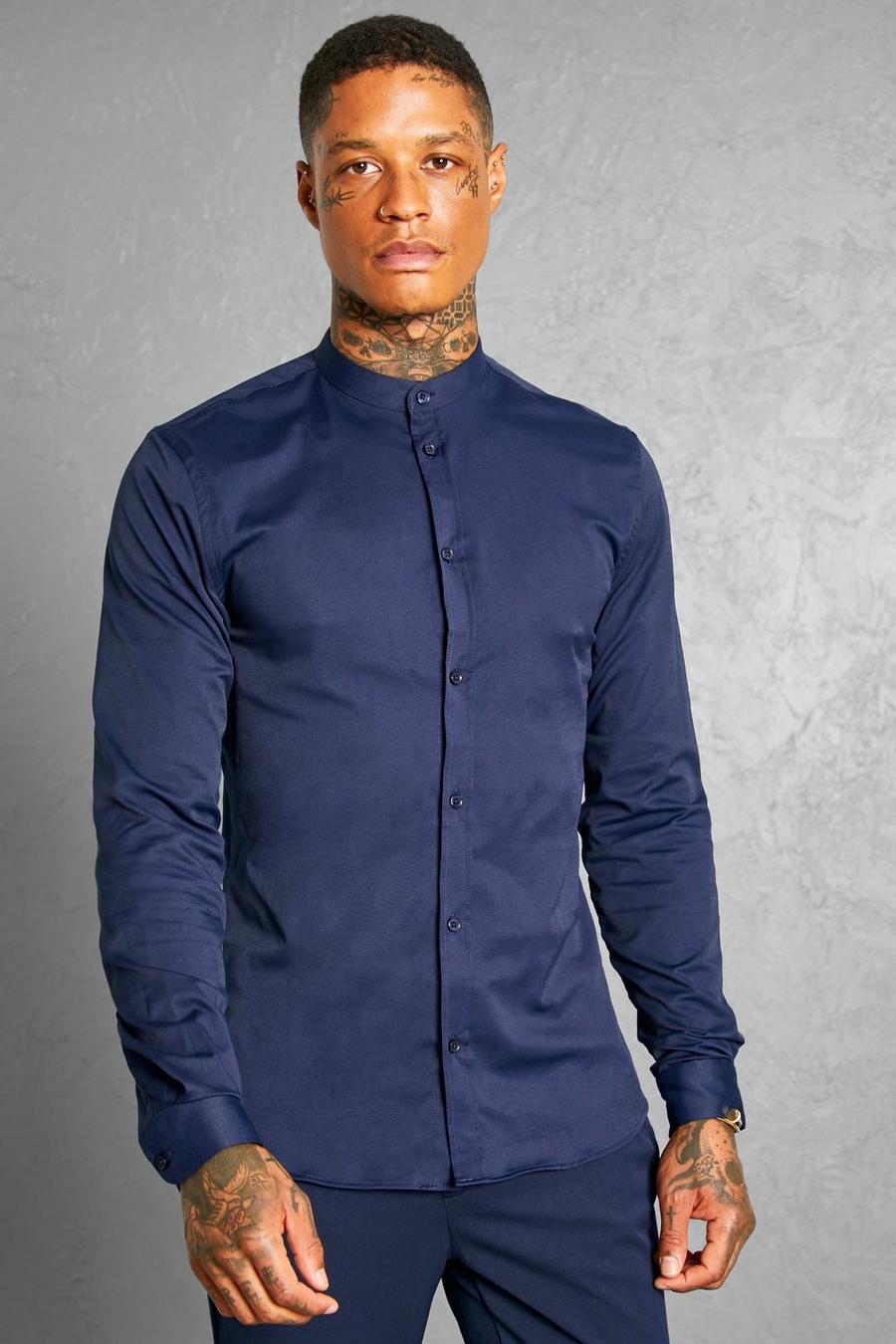 Navy blu oltremare Slim Fit Grandad Collar Long Sleeve Shirt