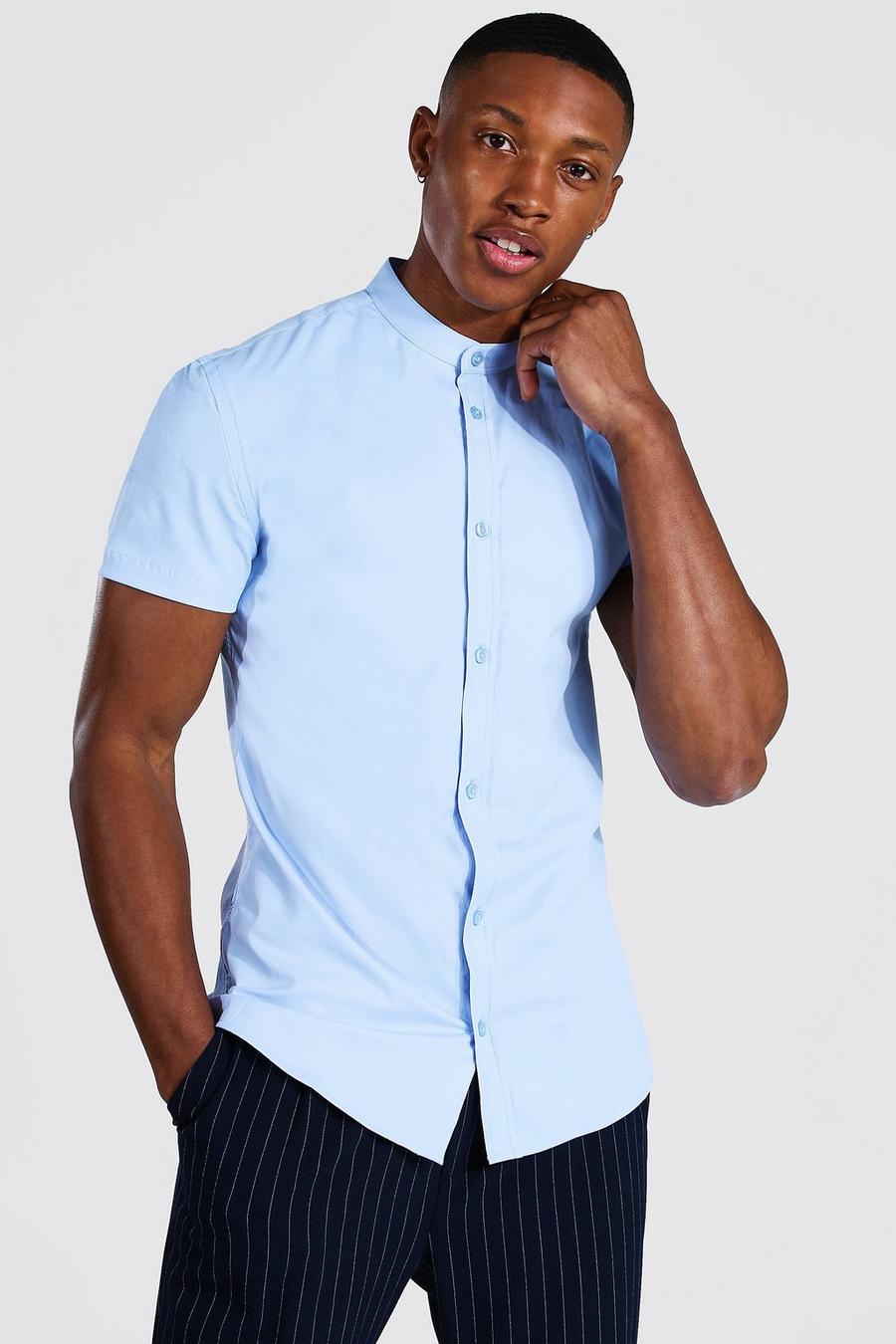 Pale blue Muscle Fit Grandad Collar Short Sleeve Shirt image number 1