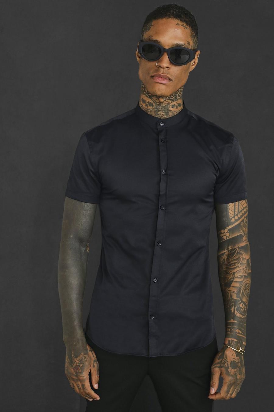 Black nero Muscle Fit Grandad Collar Short Sleeve Shirt