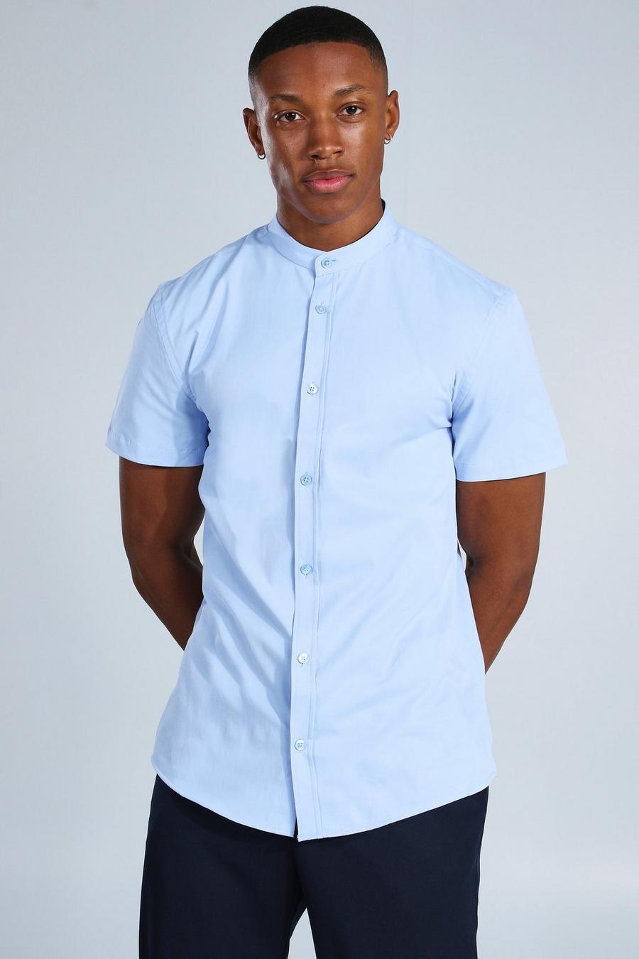 Pale blue Kortärmad skjorta i slim fit med farfarskrage image number 1