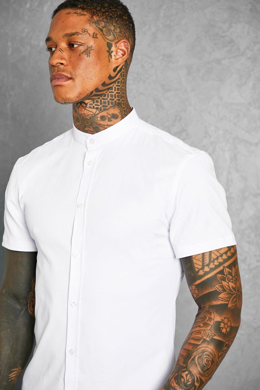 Men's Slim fit Shirt Grandad Collar White Navy Finish contrast Stitching S M L 