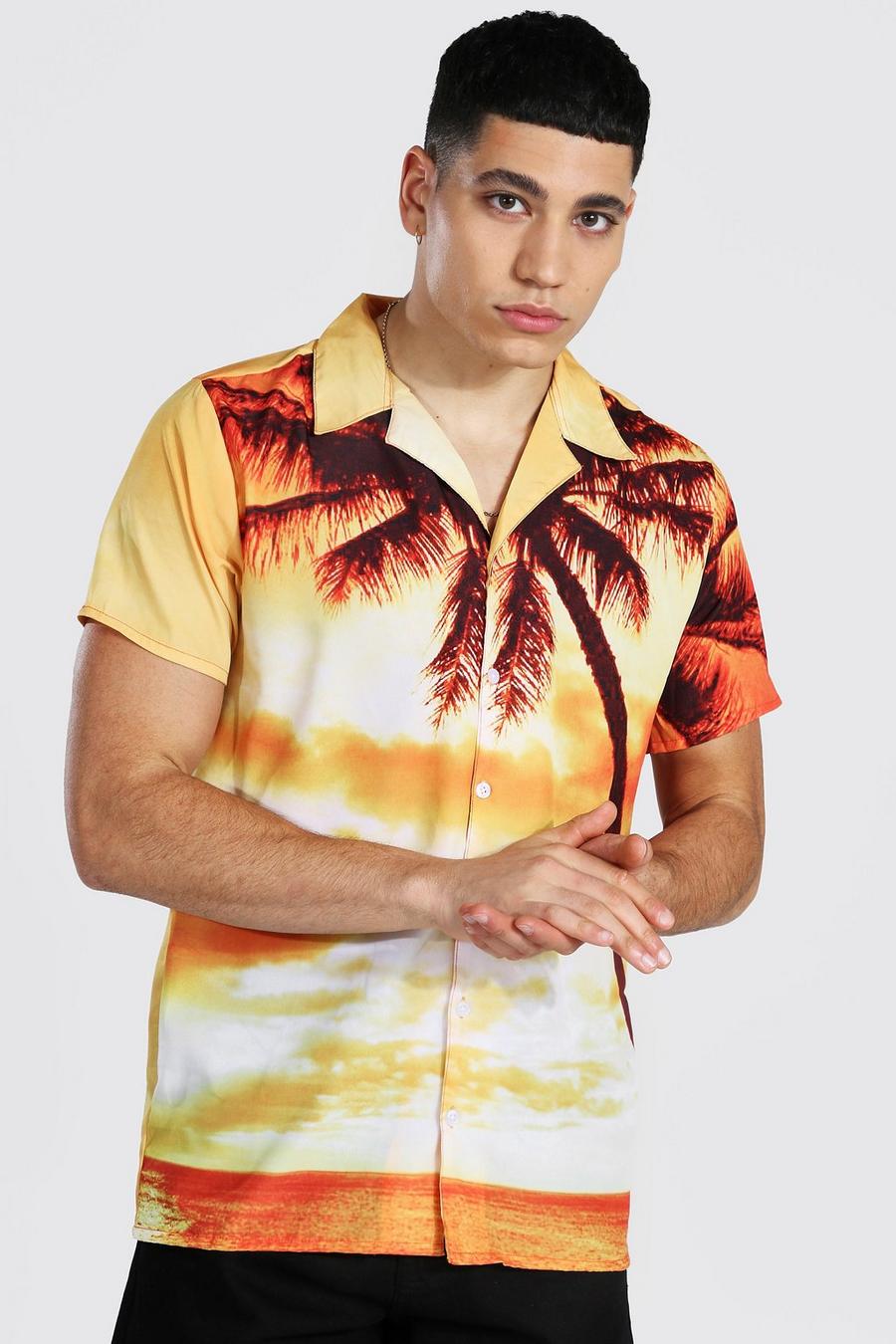 Orange Palmboom Overhemd Met Korte Mouwen En Revers Kraag image number 1