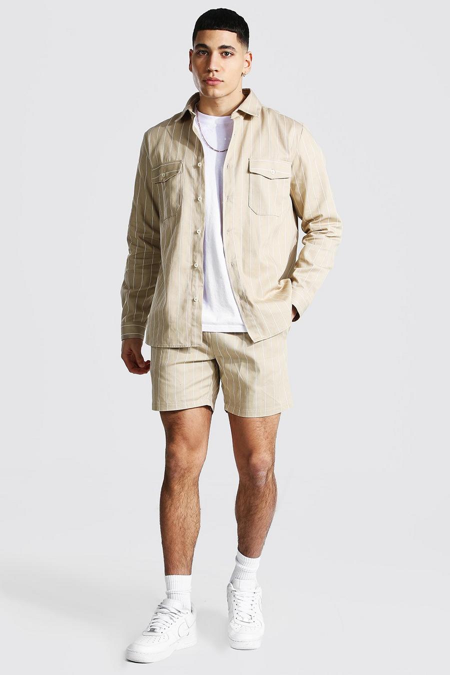 Taupe Long Sleeve Twill Stripe Overshirt And Short image number 1