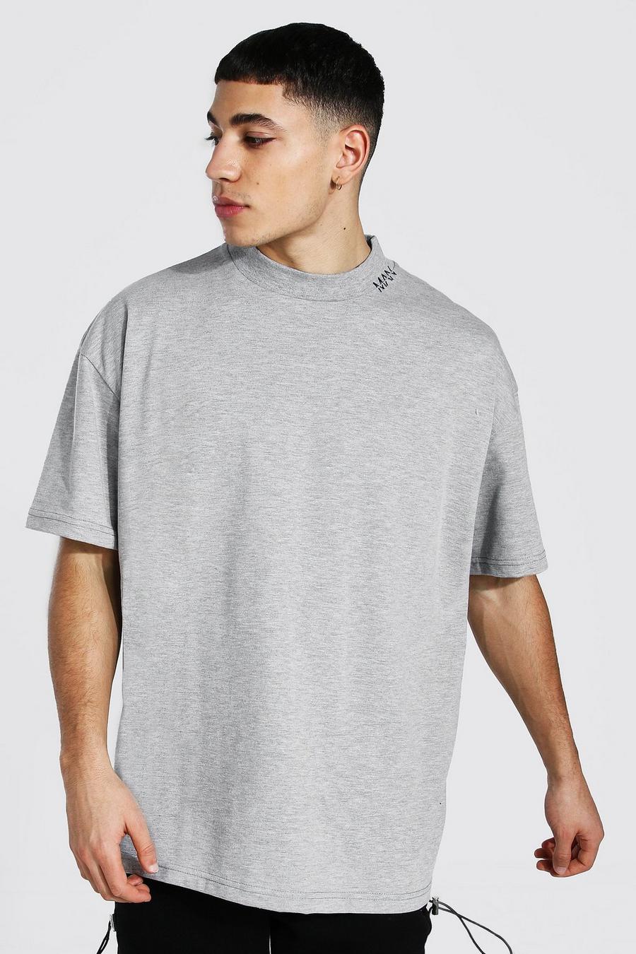 Grey marl Oversized Zwaar Man T-Shirt Met Brede Nek  image number 1