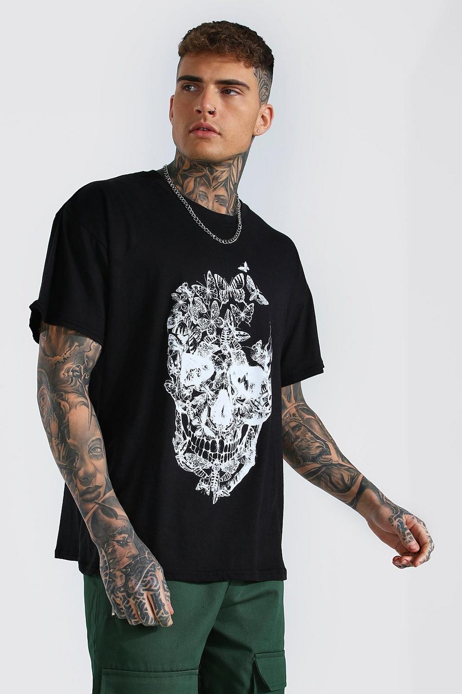 Camiseta extragrande con estampado de calavera con mariposas, Negro image number 1