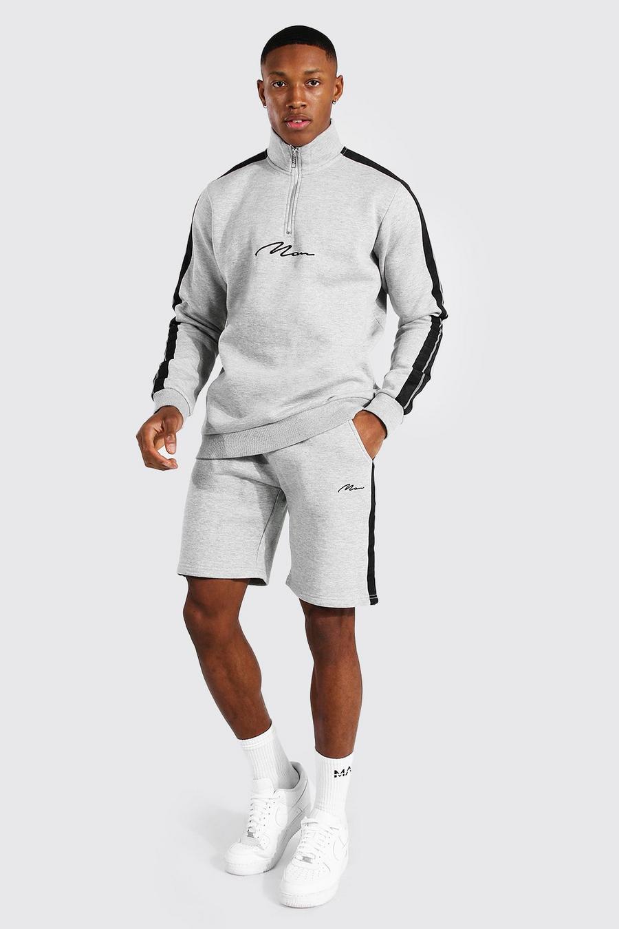 Grey marl Man Signature Träningsoverall med shorts, kort dragkedja och kantband image number 1