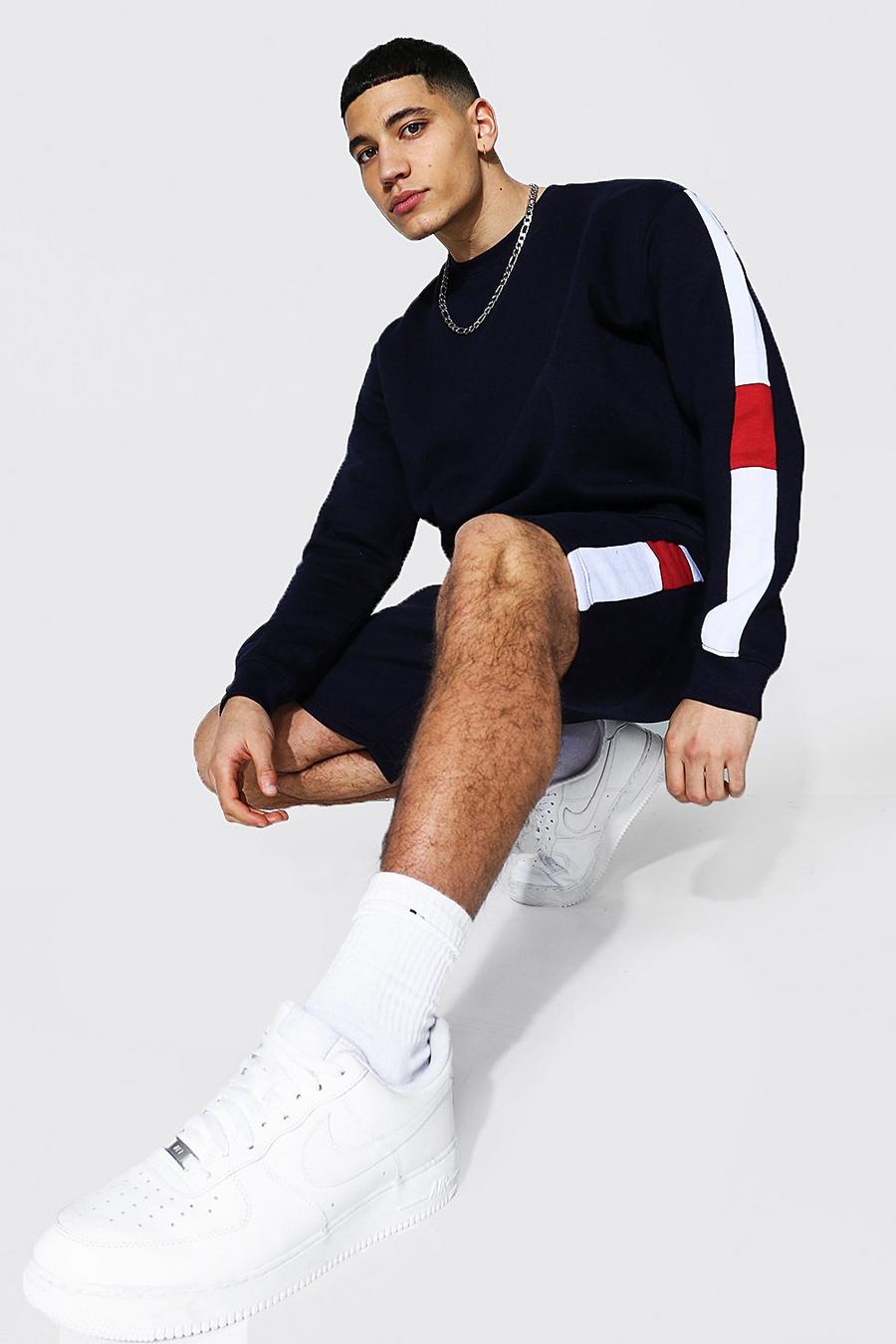 Navy Sweater Short Tracksuit With Side Panels image number 1