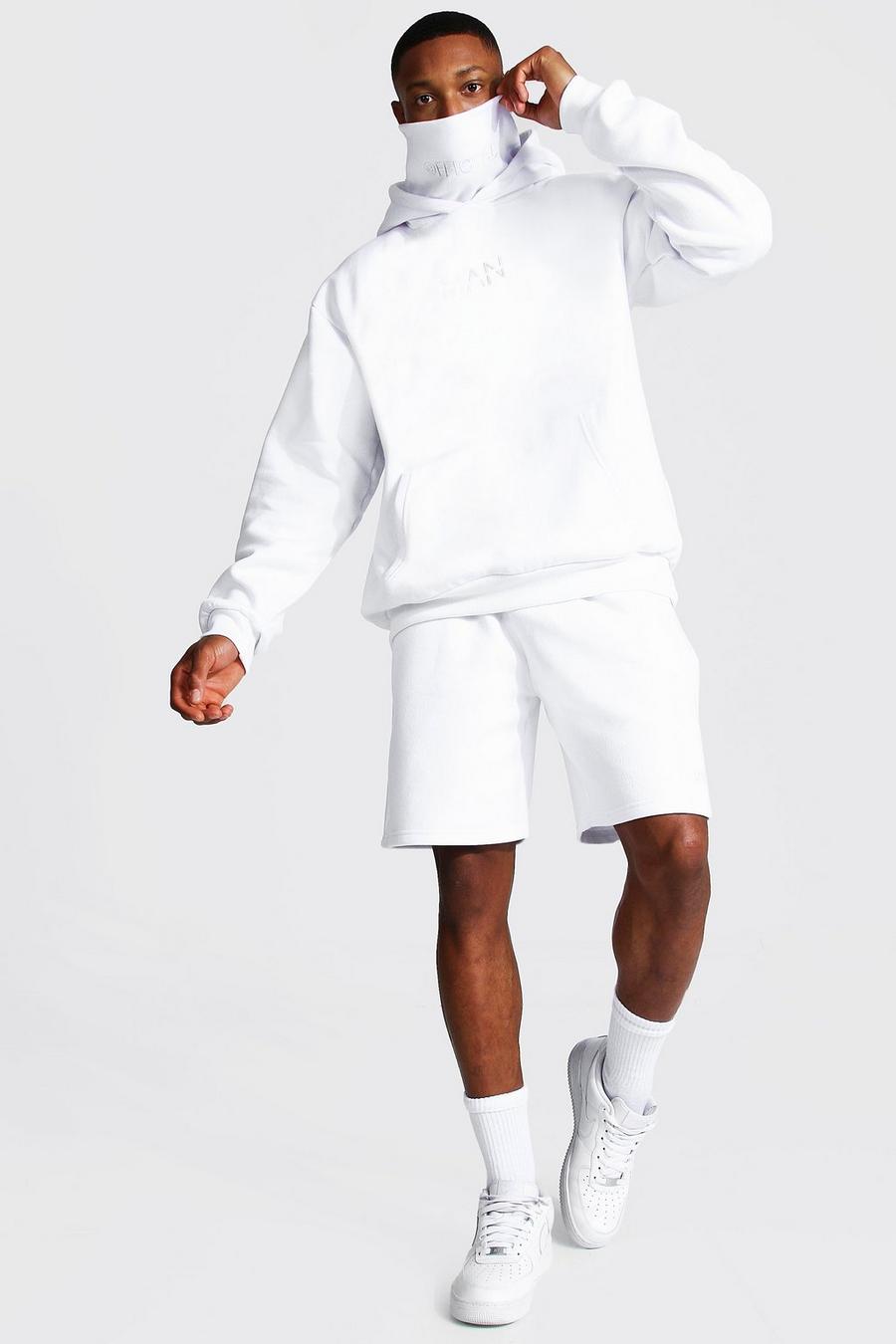 White MAN Hoodie med snood och shorts image number 1
