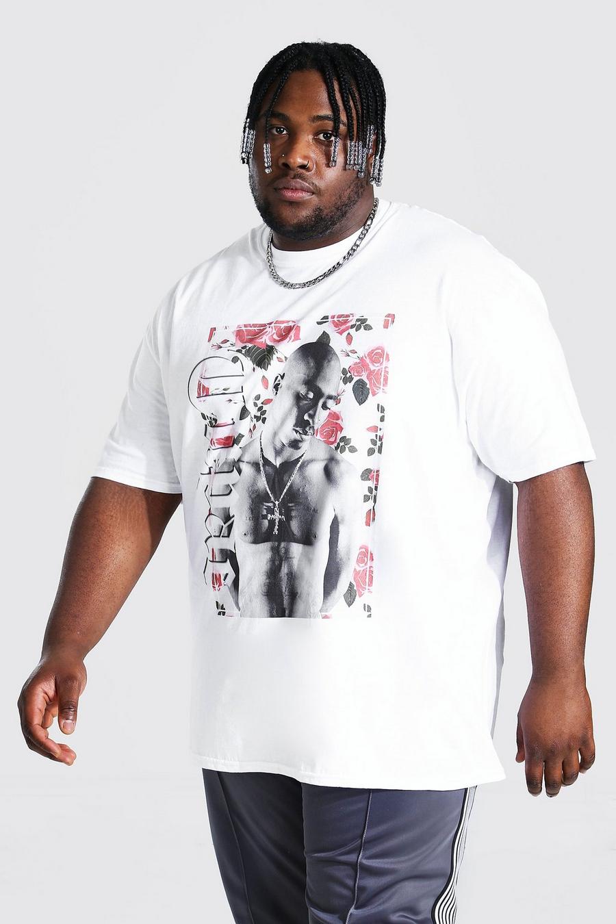 Plus Size T-Shirt mit lizenziertem Tupac-Blumen-Print, Weiß image number 1