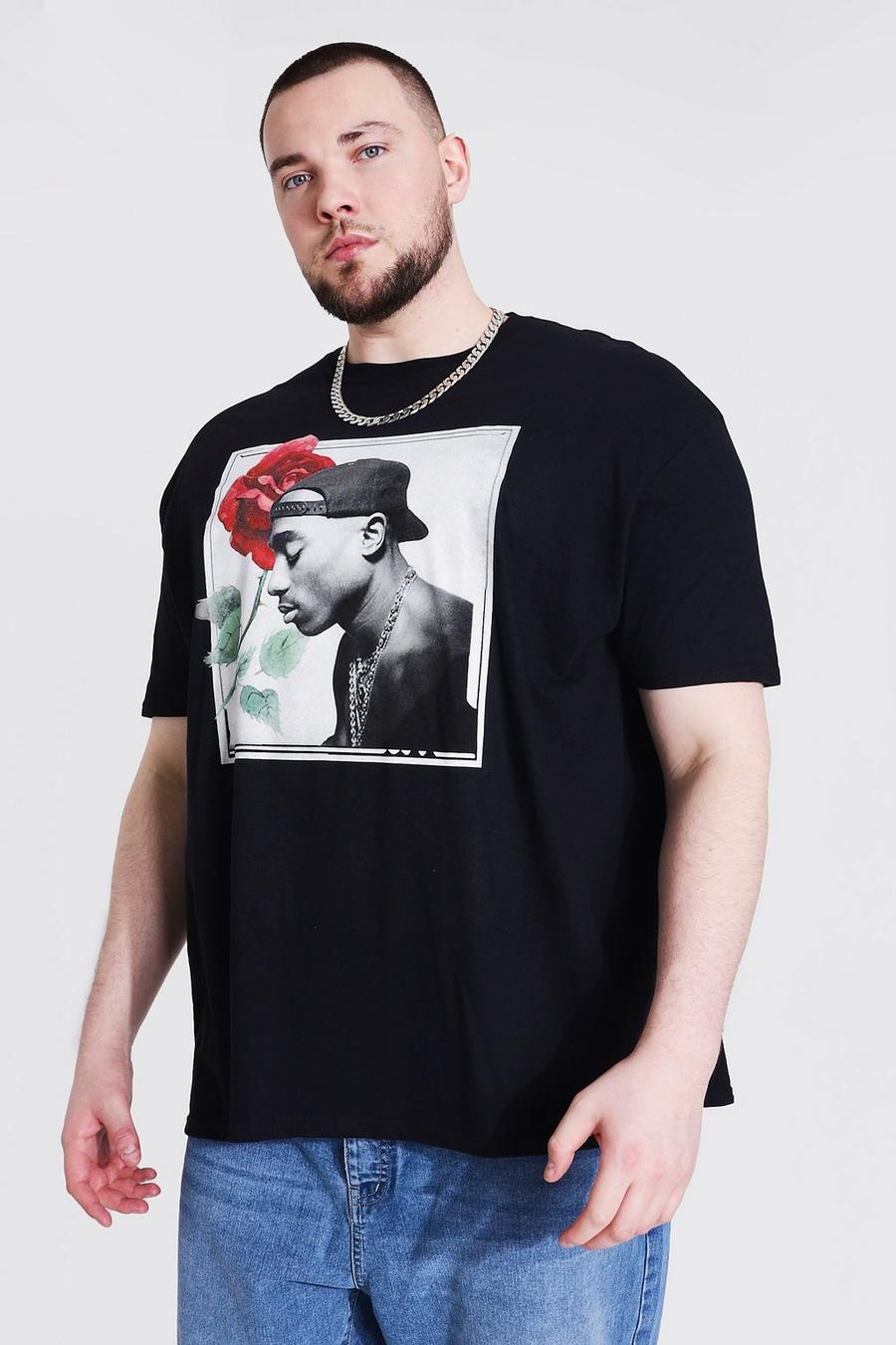 שחור טישרט ממותג Tupac עם ורד מידות גדולות image number 1