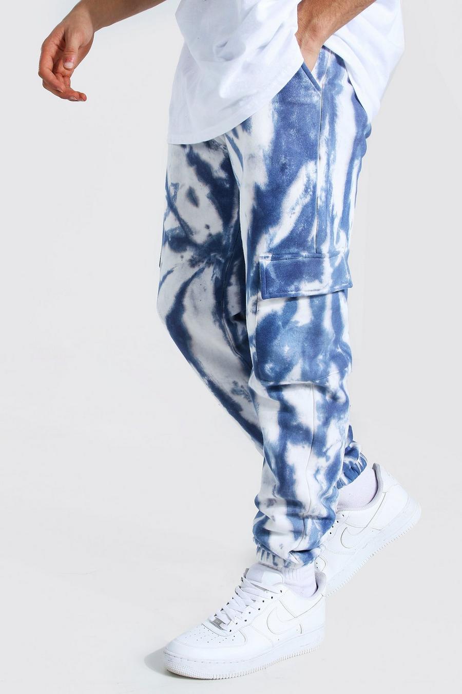 Pantaloni tuta cargo regular effetto tie-dye con scritta Man, Azzurro image number 1
