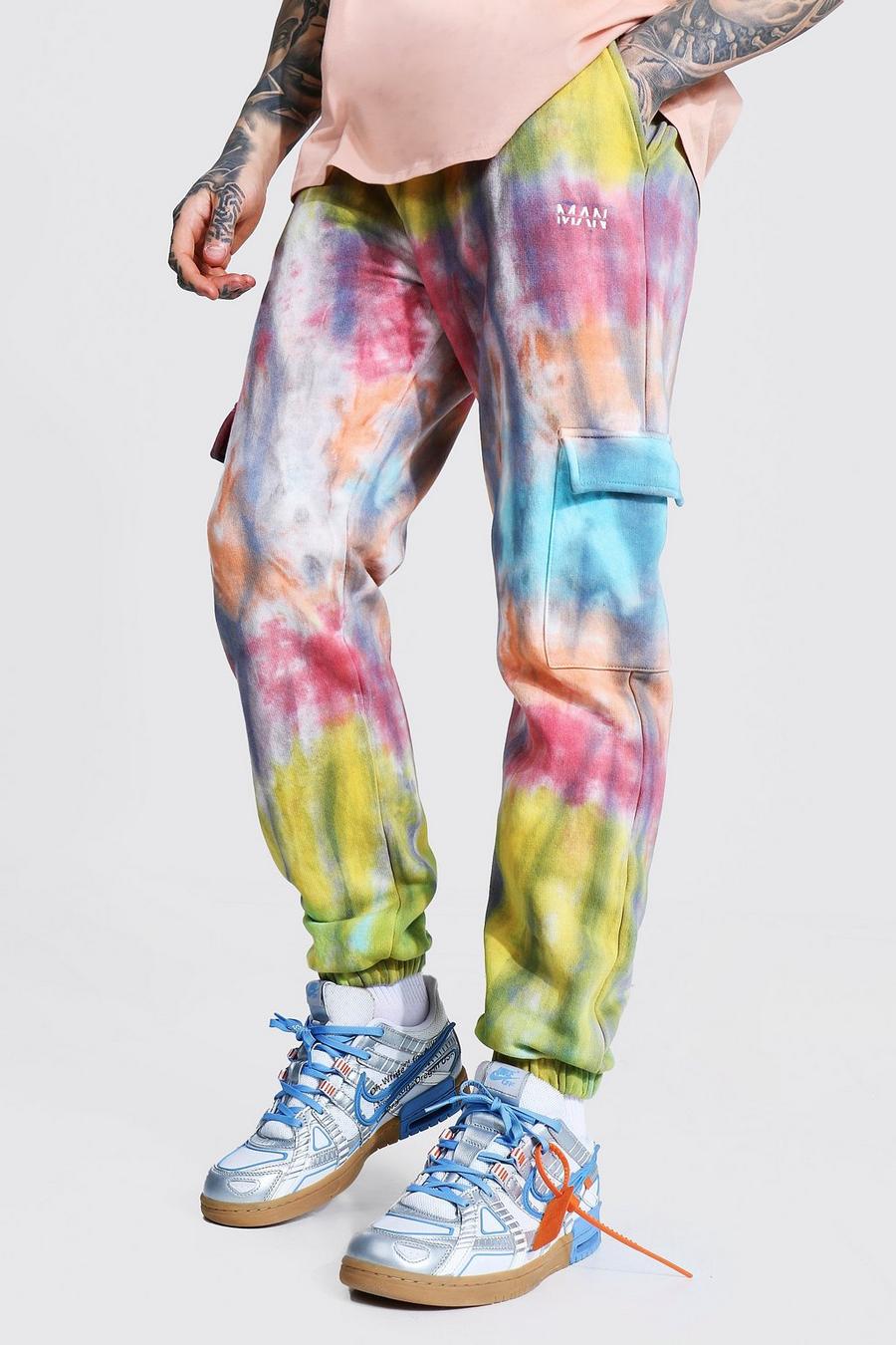 Pantaloni tuta cargo regular effetto tie-dye con scritta MAN, Multi image number 1