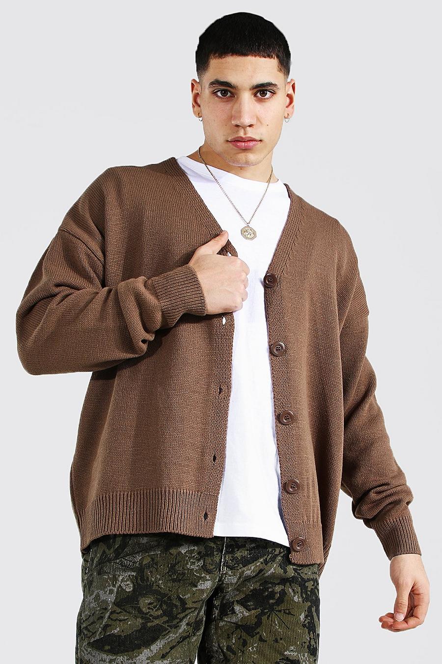 Taupe Oversized Button Through Knitted Cardigan image number 1