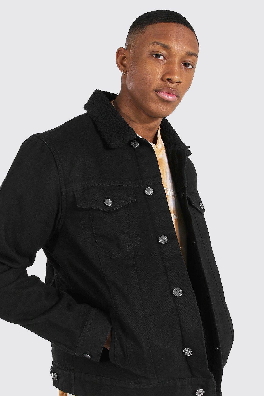 Mens black lined denim hot sale jacket