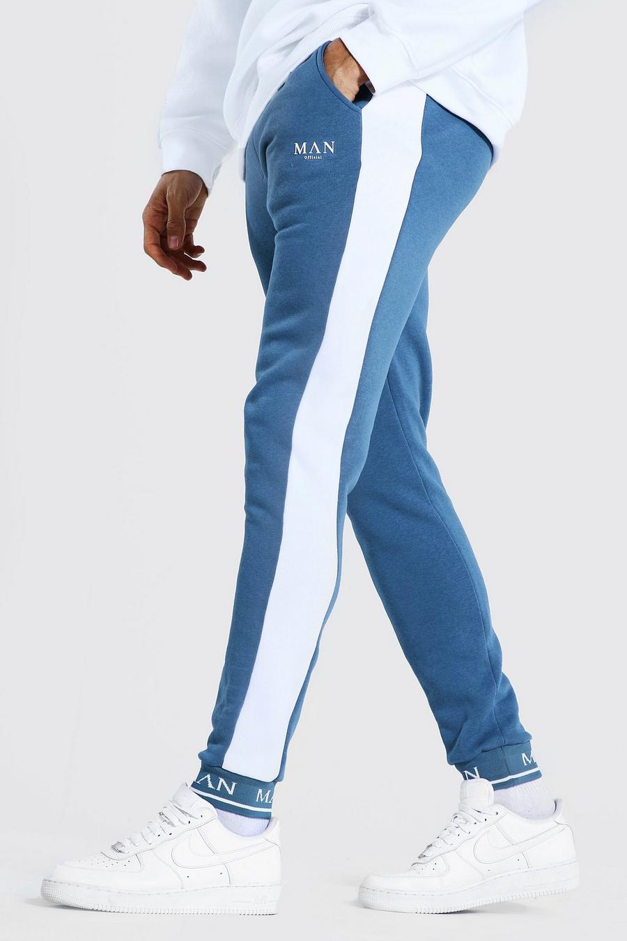 Tall Skinny Jogginghose mit Einsätzen und Man Roman-Print am Bündchen, Blau image number 1