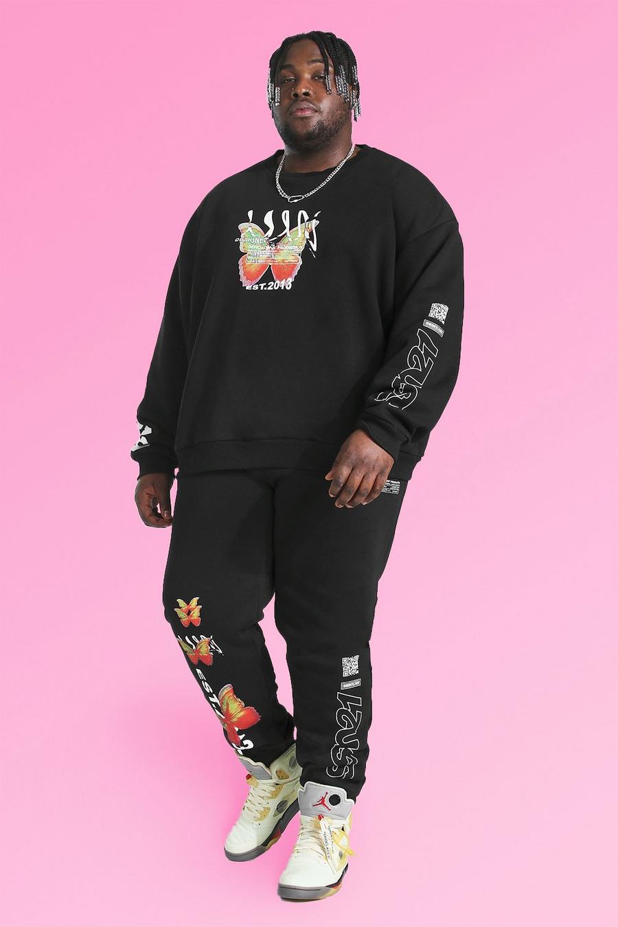 Black Plus Size Butterfly Graphic Print Tracksuit image number 1