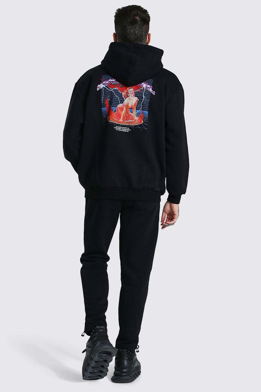 Black Oversized Man Graphic Zip Hooded Tracksuit image number 1