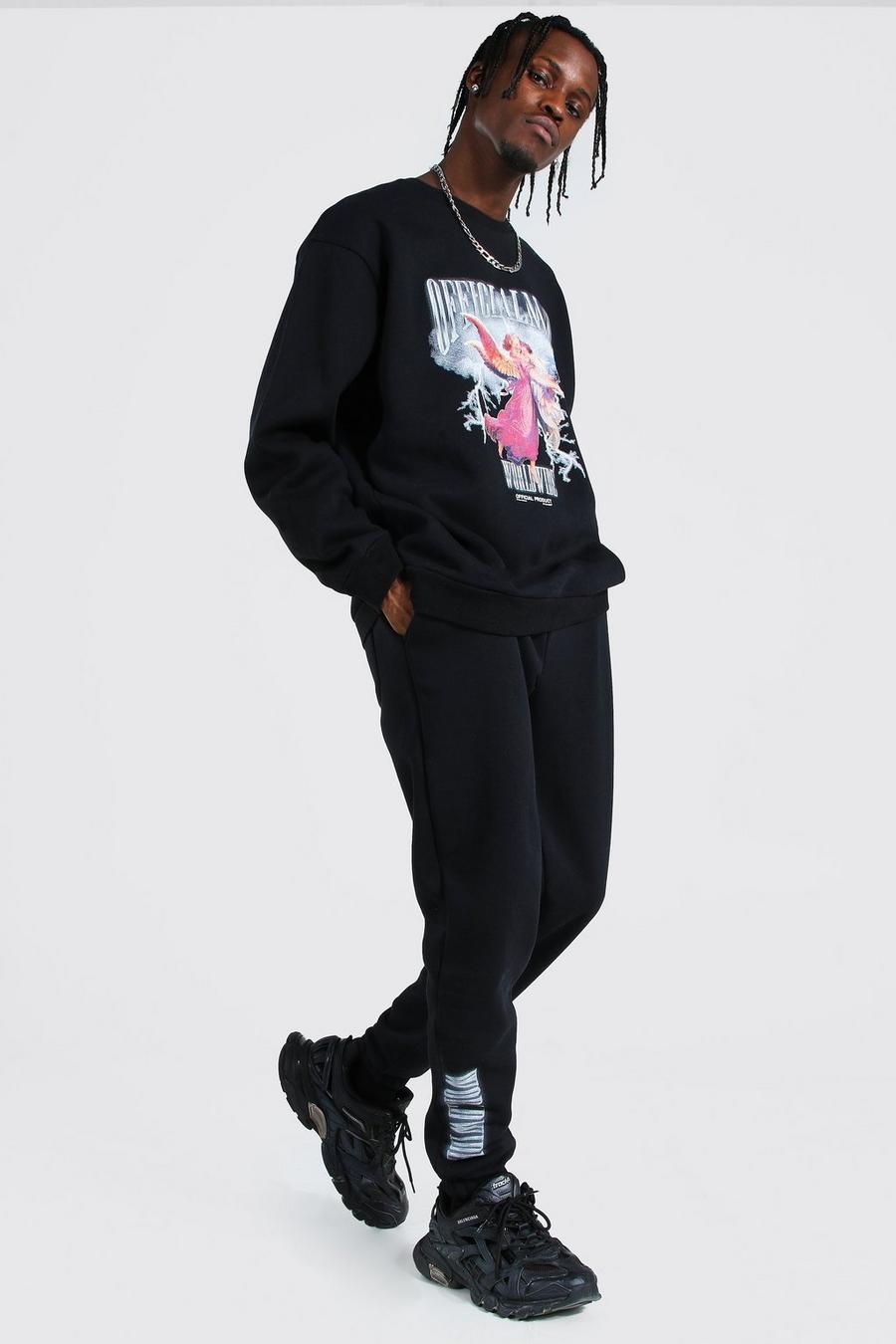 Black Oversized Man Graphic Sweater Tracksuit image number 1