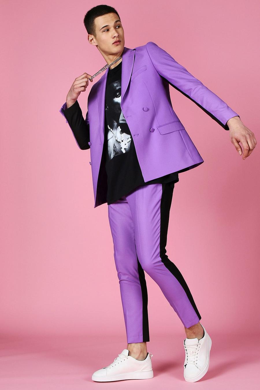 Purple Skinny Spliced Double Breasted Suit Jacket image number 1
