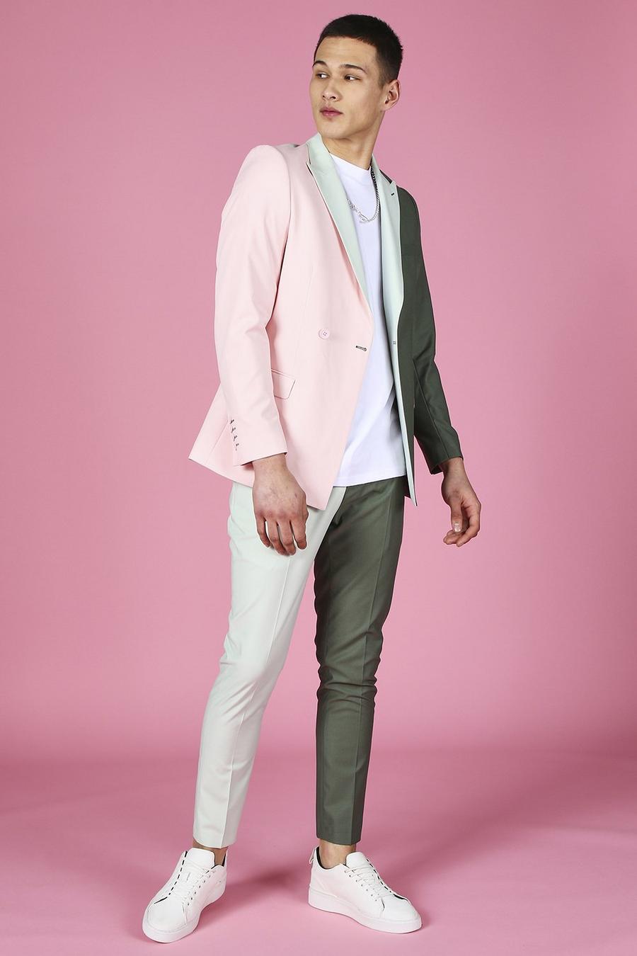 Zweireihige Skinny Anzugjacke im Colorblock-Design, Salbeigrün image number 1