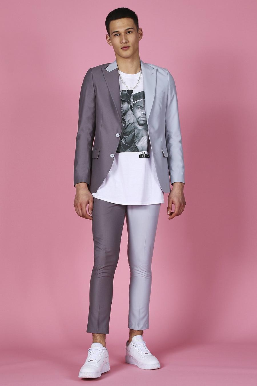 Gespleißte, zweireihige Skinny Fit Anzugjacke, Grau image number 1