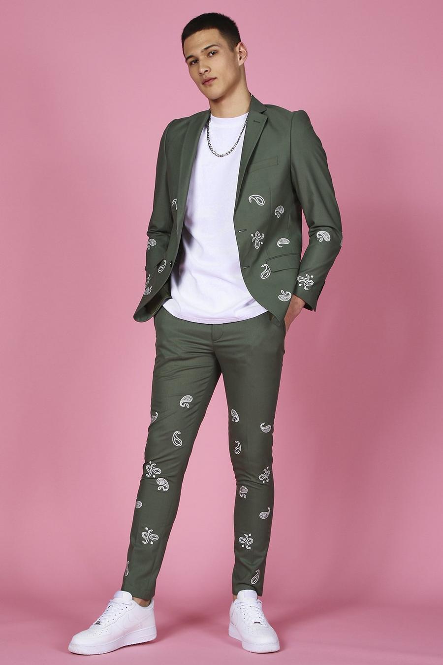 Sage green Skinny Bandana Embroidered Suit Jacket image number 1