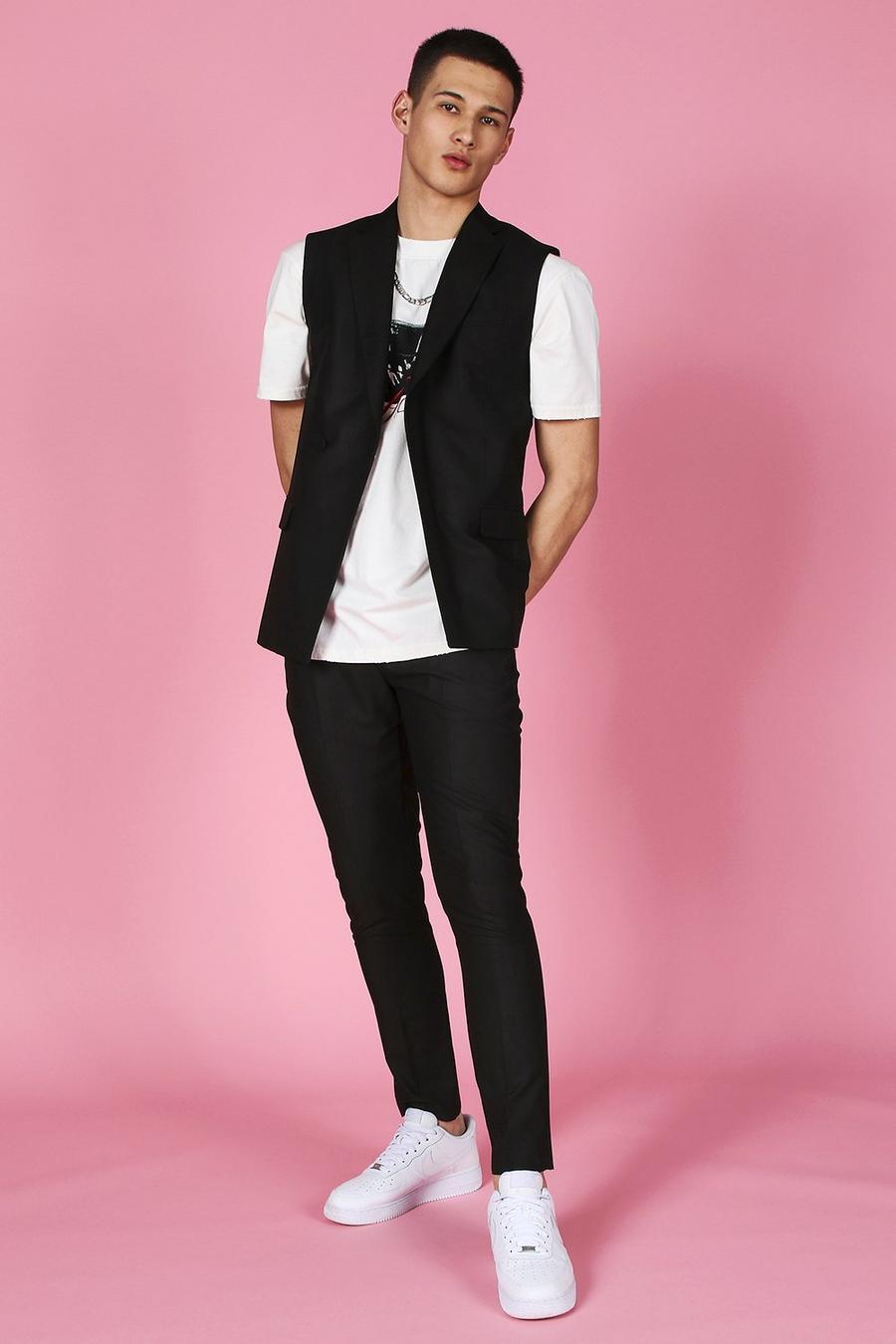 Black Skinny Plain Sleeveless Suit Jacket image number 1