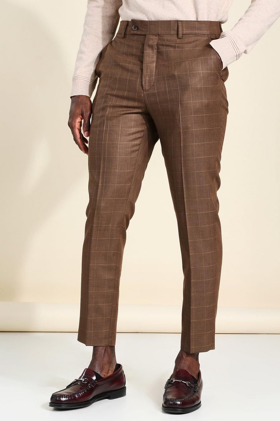 Brown Ankellånga rutiga kostymbyxor med avsmalnande ben image number 1