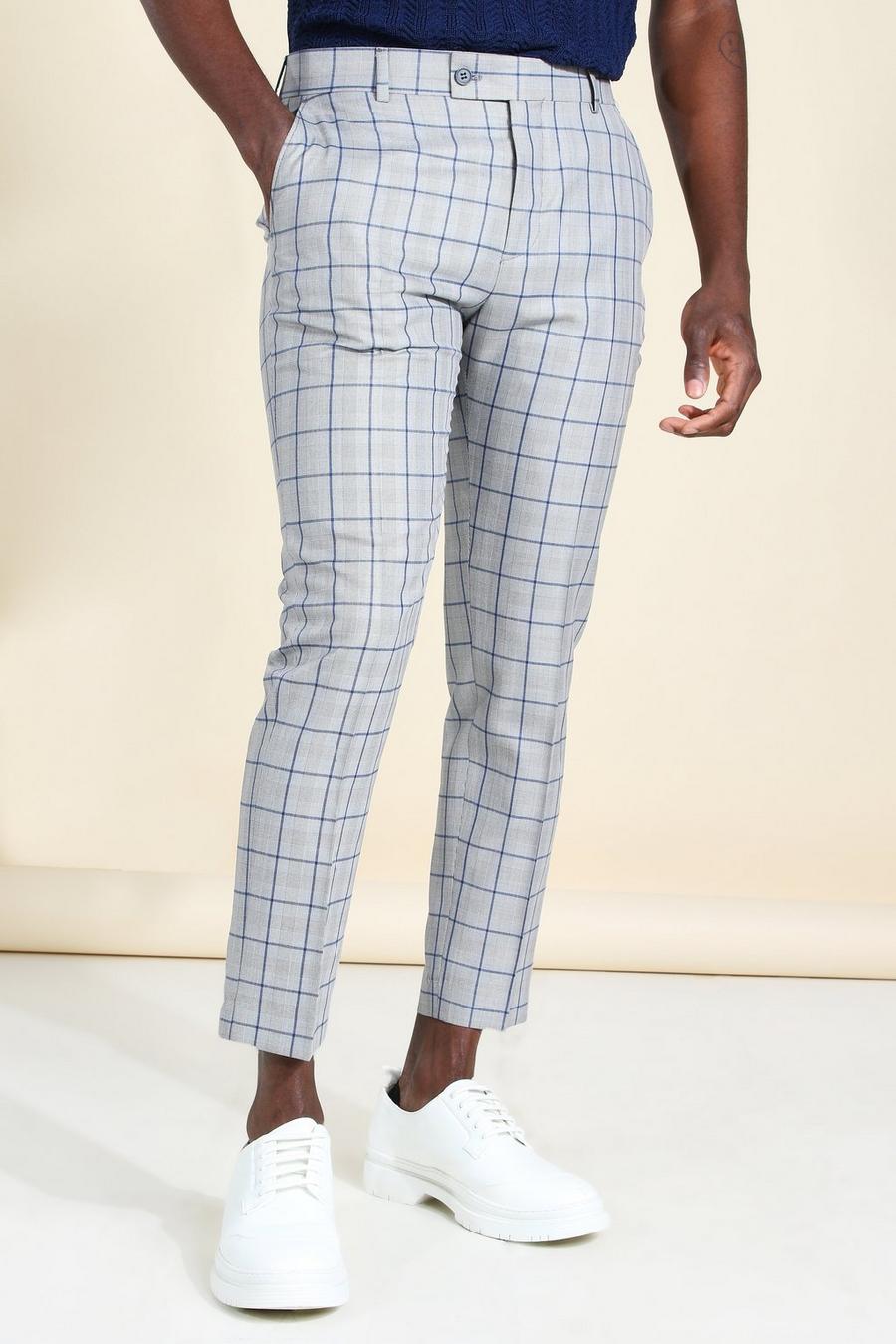 אפור מכנסי סקיני קרופ אלגנטיים עם הדפס משבצות גדולות image number 1