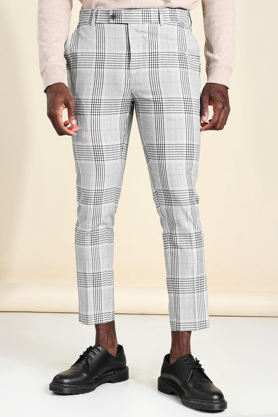 אפור מכנסיים אלגנטיים סופר סקיני קרופ עם הדפס משבצות image number 1