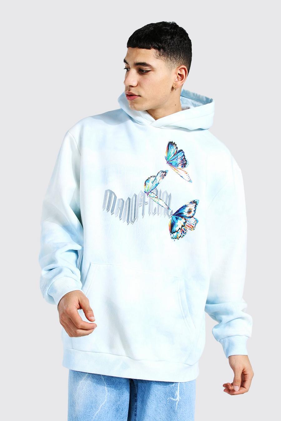Blue Official Oversize batikmönstrad hoodie med fjärilar image number 1