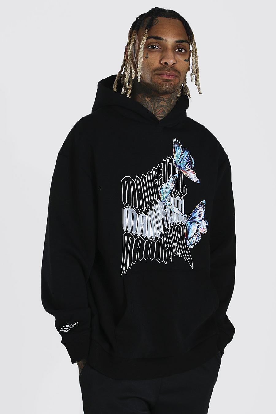 Black Oversized Official Butterfly Print Hoodie image number 1