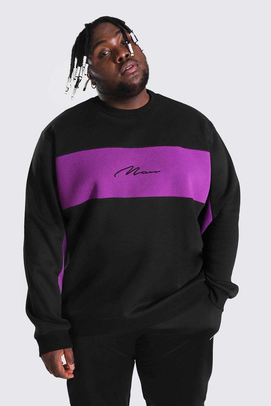 Black Plus Size Man Script Colour Block Sweatshirt image number 1